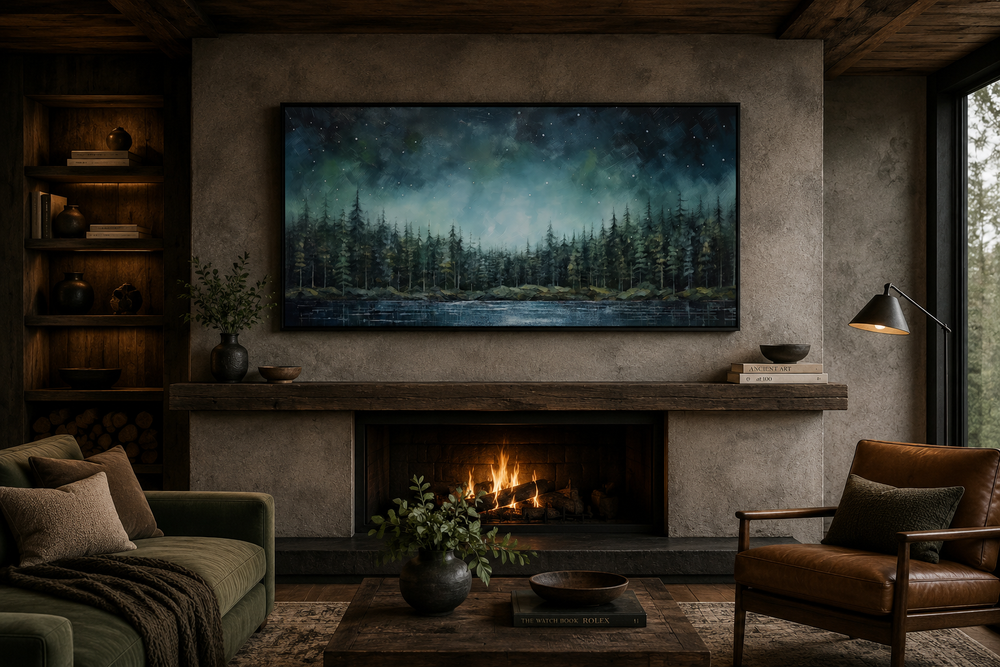 Abstract starry sky over a green fir forest and tranquil lake canvas art above a fireplace.