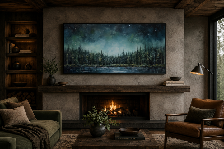 Abstract starry sky over a green fir forest and tranquil lake canvas art above a fireplace.