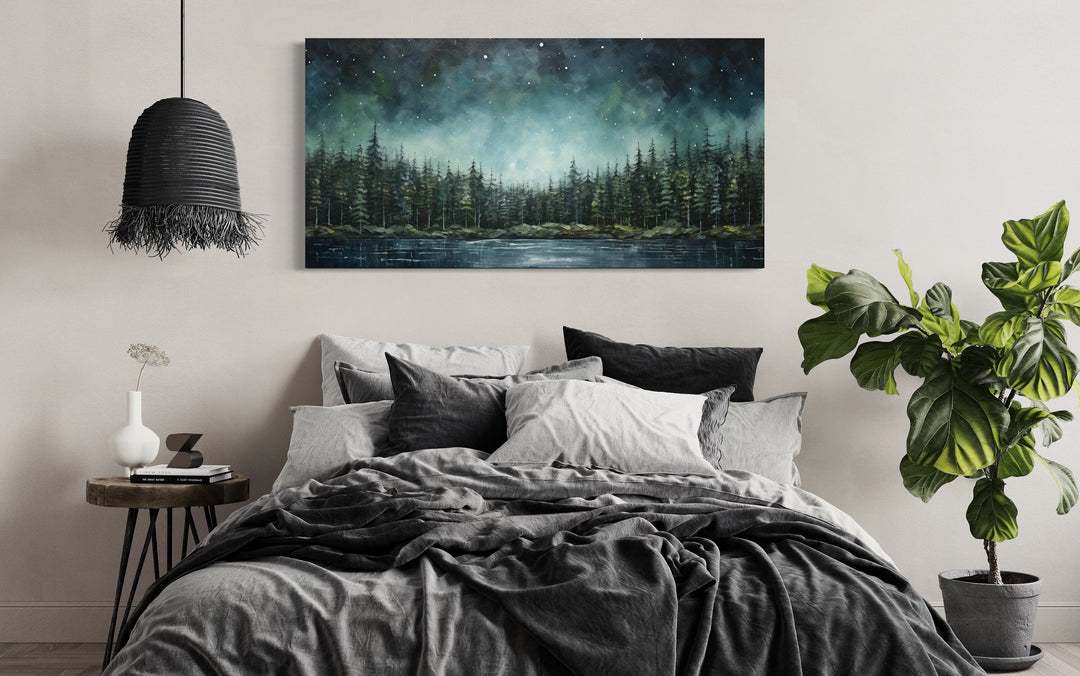 Abstract Starry Sky Wall Art - Green Fir Forest Canvas | Tranquil Lake Decor