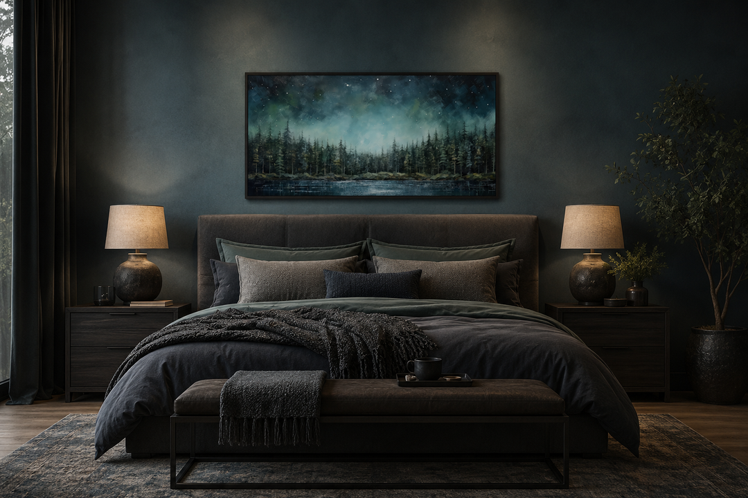 Abstract starry sky over a green fir forest and tranquil lake canvas wall art above a bed.