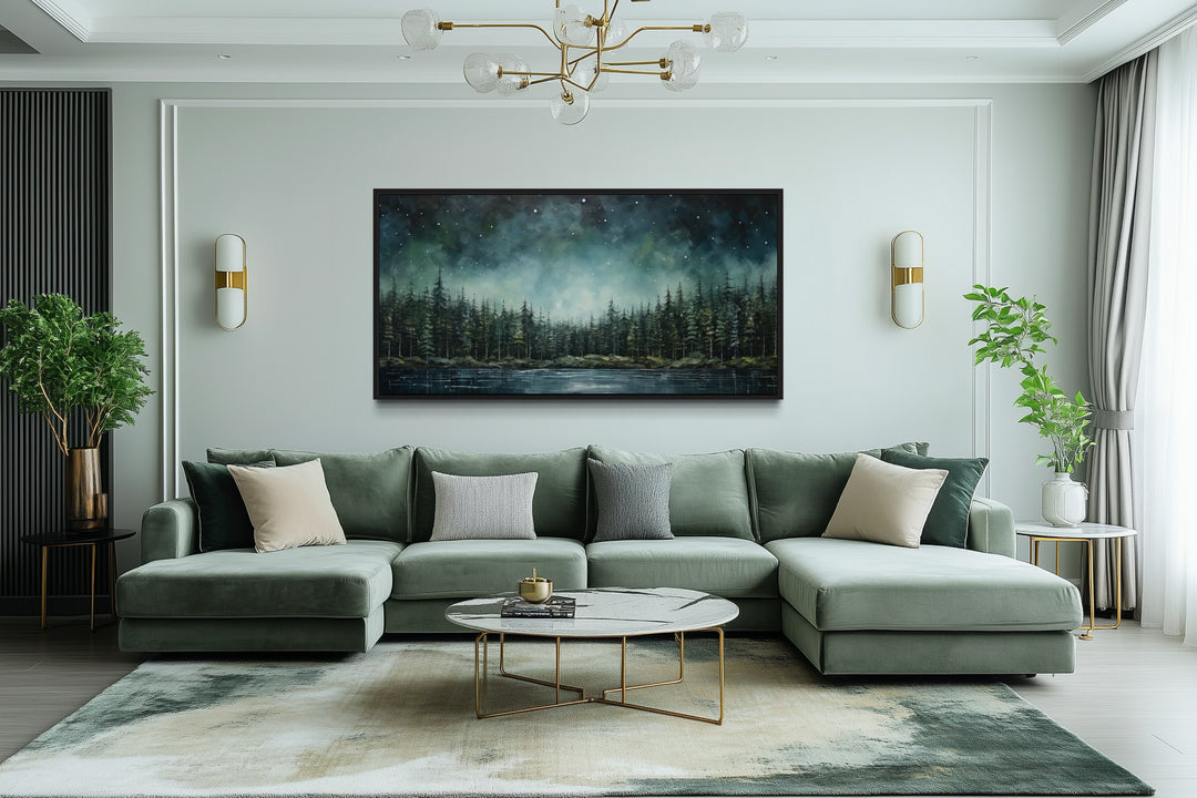 Abstract starry sky over a green fir forest and tranquil lake canvas art in a modern living room.