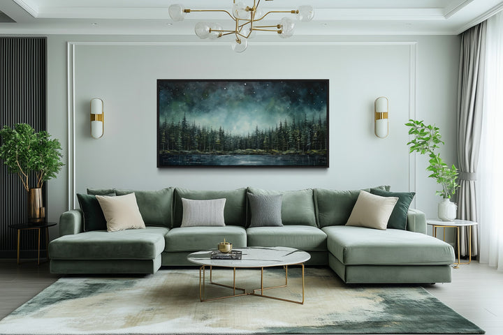 Abstract starry sky over a green fir forest and tranquil lake canvas art in a modern living room.