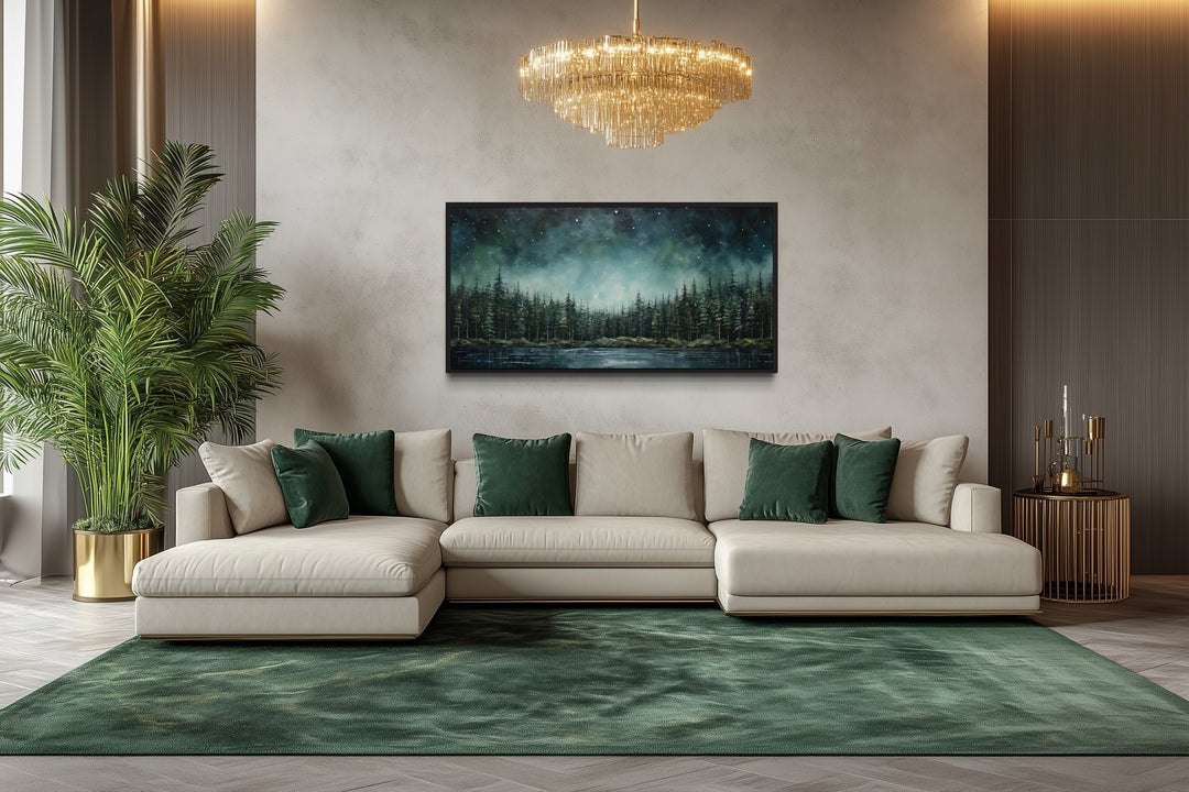 Abstract starry sky over a green fir forest and tranquil lake canvas wall art in a modern room.