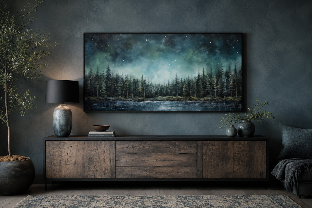 Abstract starry sky wall art featuring a green fir forest and tranquil lake above a wooden console.