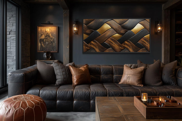 Abstract wood wall art with a modern geometric pattern of interlocking planks in earthy tones.