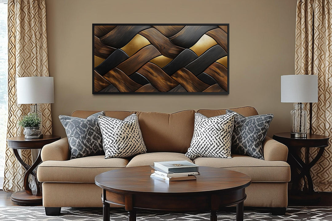 Abstract wood wall art with a modern geometric pattern on a horizontal canvas above a tan sofa.