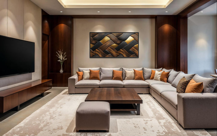 Abstract wood wall art with a modern geometric pattern in brown, black, and gold tones.