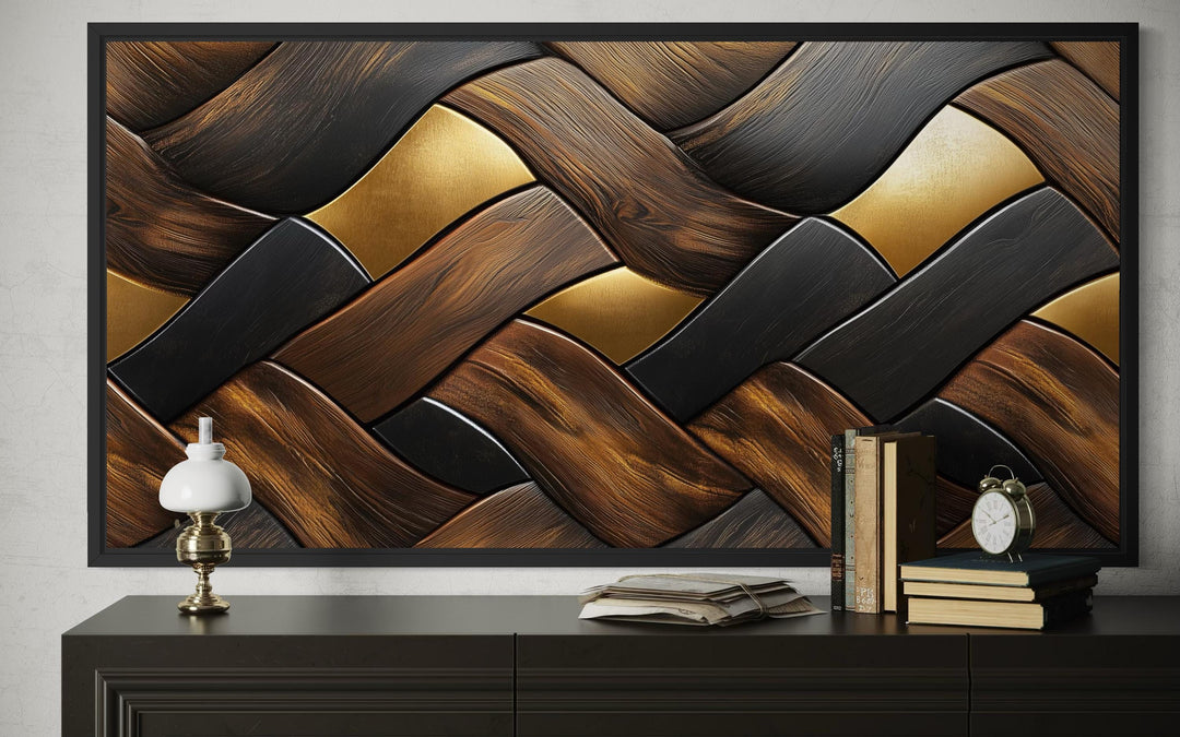 Abstract wood wall art featuring a modern geometric weave pattern in brown, black, and gold tones.