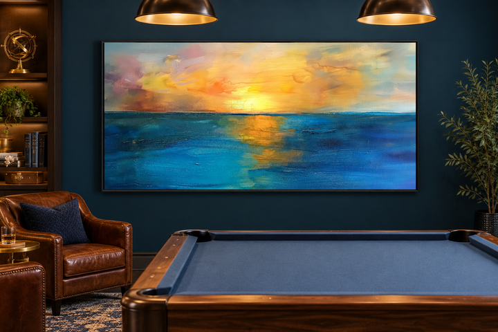 Extra large framed canvas featuring an abstract yellow and gold sunset over a navy blue ocean.