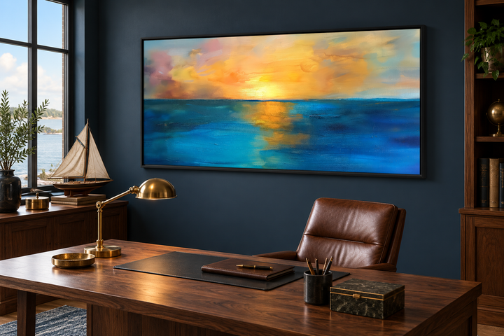 Extra large framed canvas of an abstract ocean sunset in navy and gold above a wooden office desk.