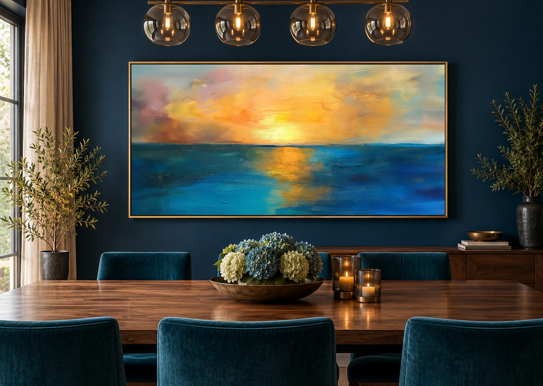 Extra large framed canvas of an abstract ocean sunset in navy and gold over a wooden dining table.
