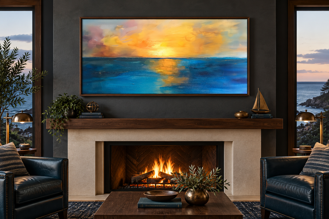 Extra large framed abstract canvas art of a yellow and gold sunset over a navy blue ocean.