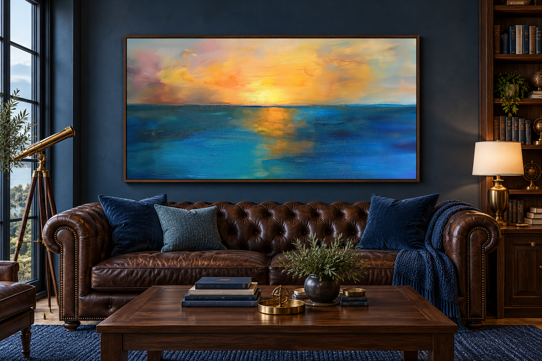 Extra large framed abstract canvas art of a golden sunset over a navy blue ocean above a sofa.
