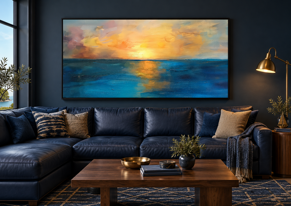 Extra large framed canvas of an abstract ocean sunset in navy and gold above a dark blue sofa.