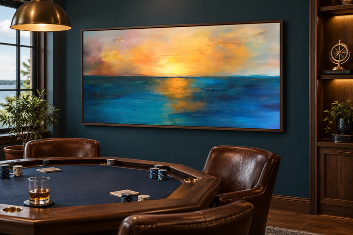 Extra large framed canvas of an abstract ocean sunset in navy and gold above a poker table.