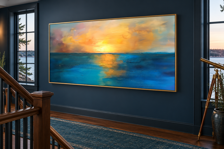 Extra large framed canvas with an abstract ocean sunset in gold, yellow, and navy blue tones.