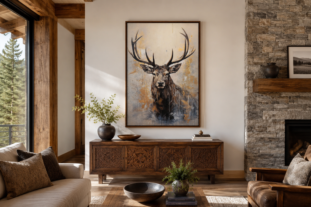 Majestic abstract elk portrait in beige, gold, and gray framed canvas wall art in a cabin setting.