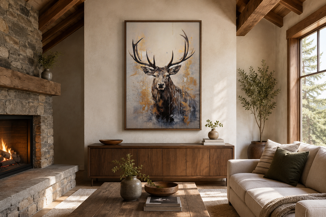 Majestic abstract elk portrait in beige, gold, and gray framed canvas wall art in a rustic cabin.