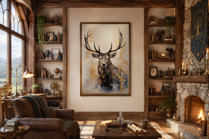 Framed abstract elk portrait in beige, gold, and gray on a wall in a rustic cabin living room.