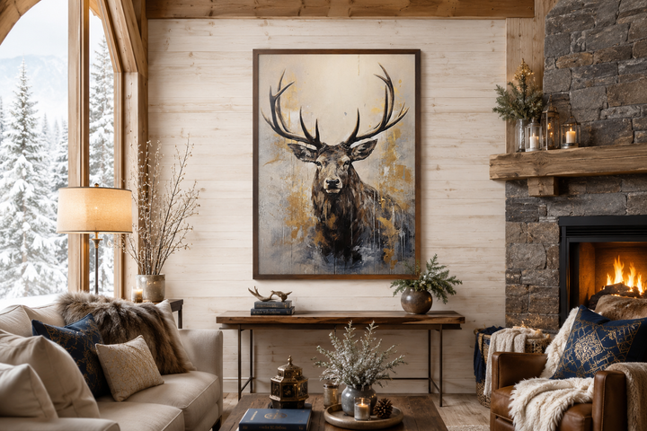 Majestic abstract elk portrait in beige, gold, and gray framed canvas wall art in a cabin setting.