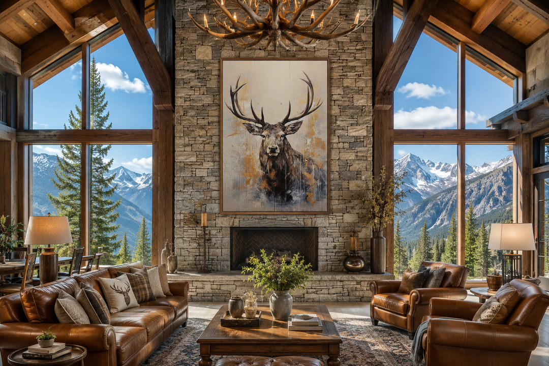 Majestic abstract elk portrait in beige, gold, and gray framed canvas above a stone fireplace.
