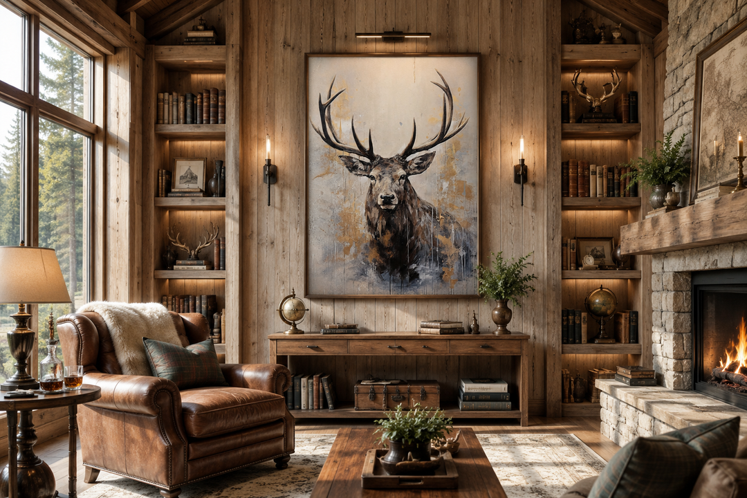Framed canvas wall art of a majestic elk portrait in beige, gold, and gray in a rustic cabin room.