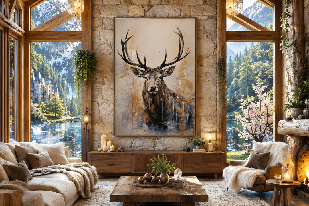 Majestic abstract elk portrait in beige, gold, and gray framed canvas art in a rustic cabin setting.