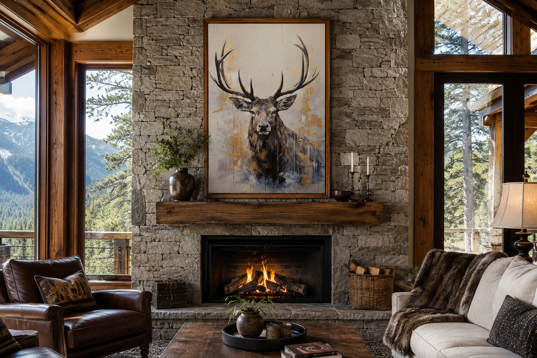 Framed abstract elk portrait in beige, gold, and gray above a stone fireplace in a rustic cabin.