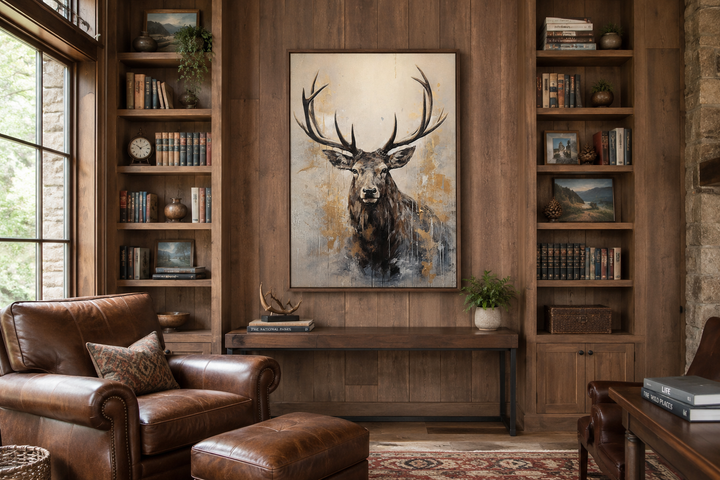 Majestic abstract elk portrait framed canvas wall art in a rustic cabin living room setting.