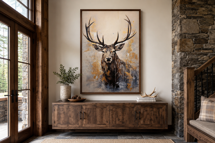 Framed abstract elk portrait in beige, gold, and gray hanging above a rustic wooden sideboard.