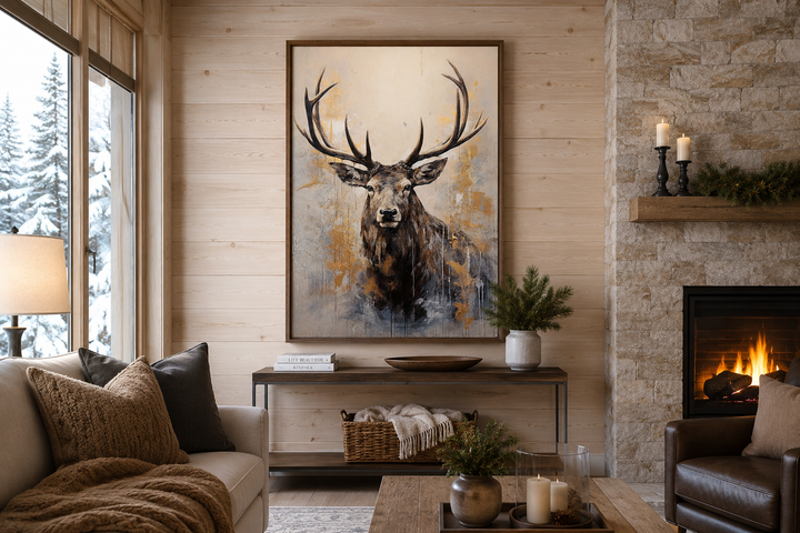 Framed abstract elk portrait in beige, gold, and gray hanging above a console table in a cabin.