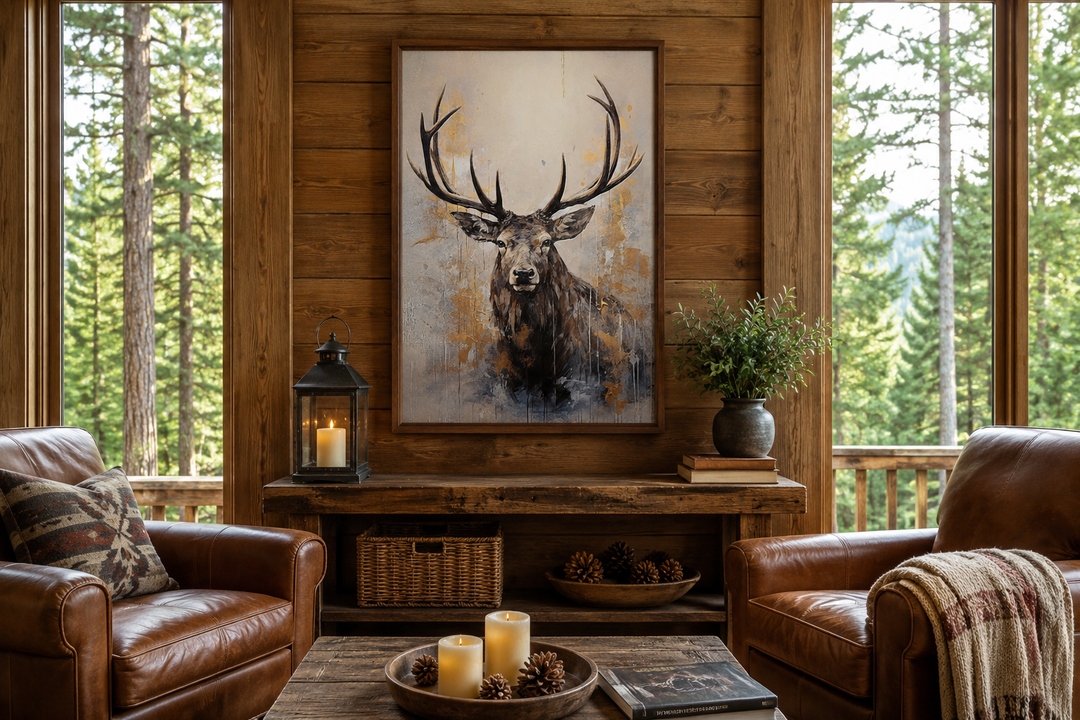 Majestic abstract elk portrait framed canvas wall art in a rustic cabin living room setting.