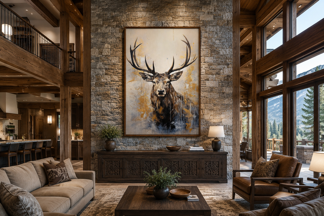 Framed abstract elk portrait in beige, gold, and gray on a stone wall in a rustic cabin living room.