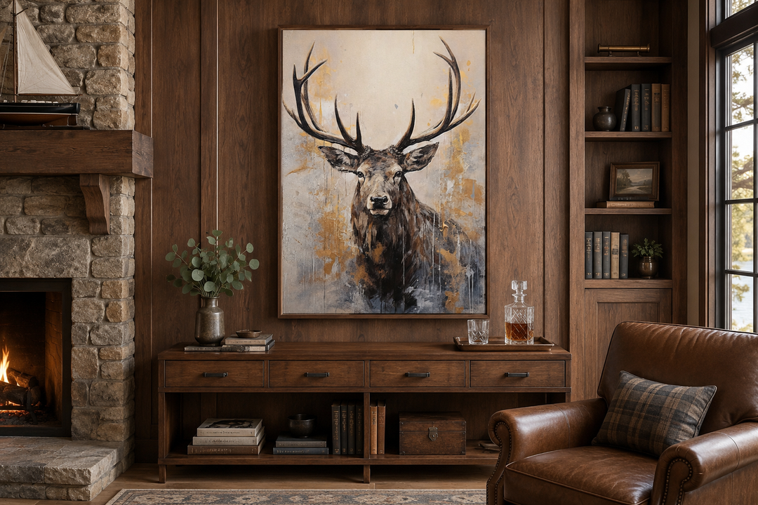 Framed abstract elk portrait in beige, gold, and gray above a wooden console in a rustic room.