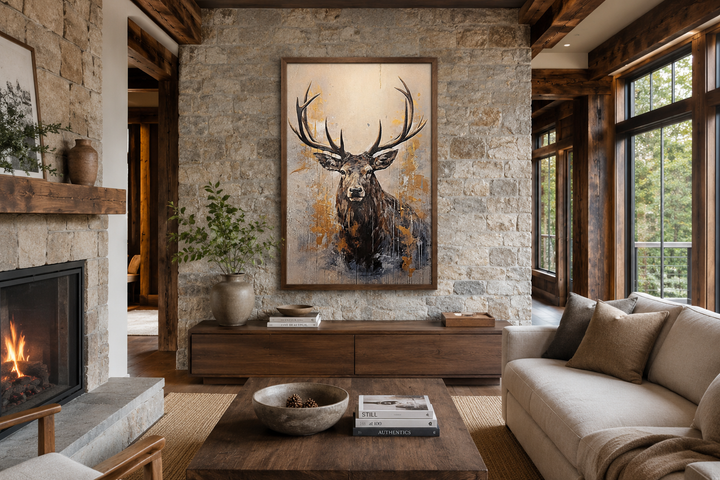 Majestic abstract elk portrait framed canvas wall art in beige, gold, and gray above a wooden console