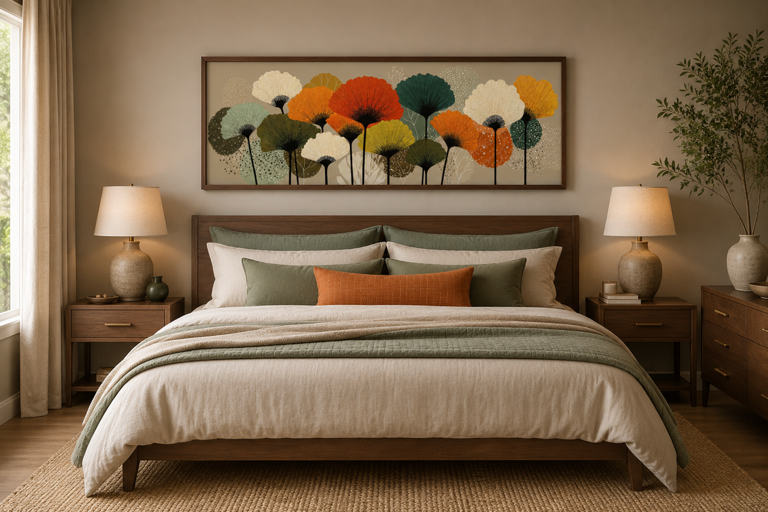 Abstract floral botanical canvas wall art with orange and olive green tones above a bed.