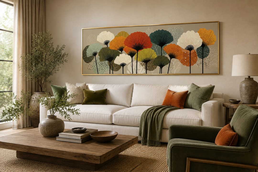 Long horizontal canvas wall art with abstract botanical forms in orange, olive, and sage green.
