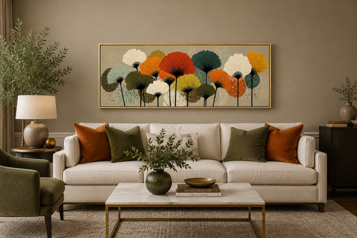Abstract floral botanical long horizontal canvas wall art in orange and olive green above a sofa.
