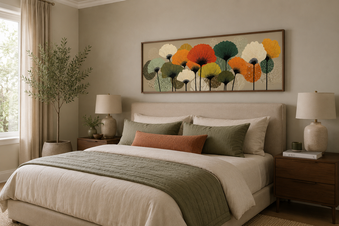 Long horizontal canvas wall art with abstract orange and olive green botanical forms above a bed.