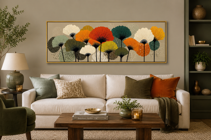 Long horizontal abstract botanical canvas art with orange and olive green floral forms over a sofa.