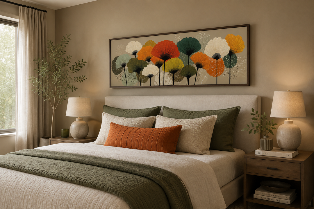 Long horizontal abstract botanical canvas art with orange and olive green floral forms over a bed.