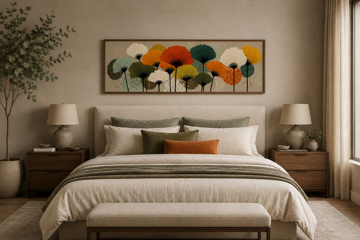 Abstract floral botanical long horizontal canvas wall art in orange and olive green above a bed.