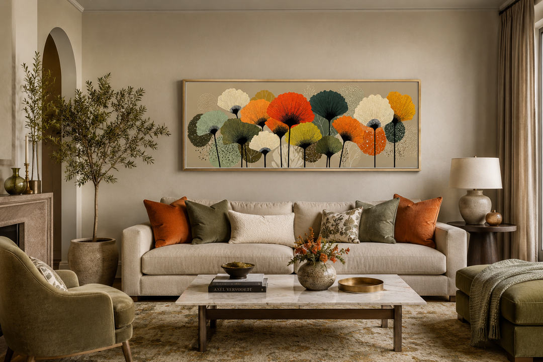 Long horizontal abstract botanical canvas wall art with orange and olive green floral forms.