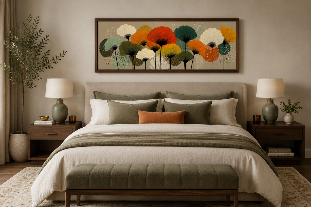 Long horizontal canvas wall art with abstract orange and olive green botanical forms over a bed.