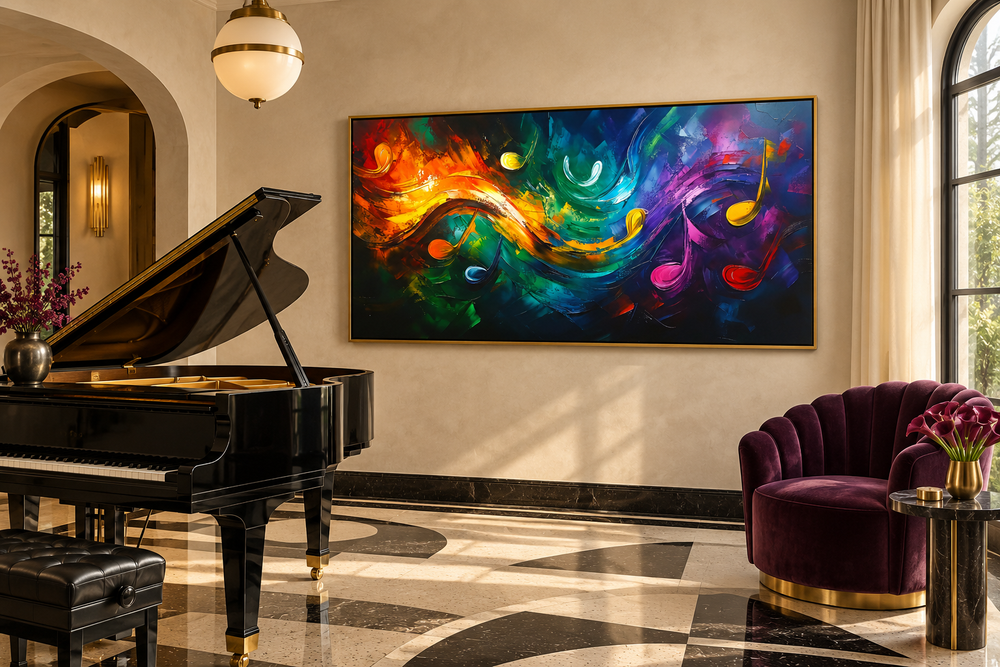 Modern abstract canvas art with colorful music notes above a grand piano in a music room.
