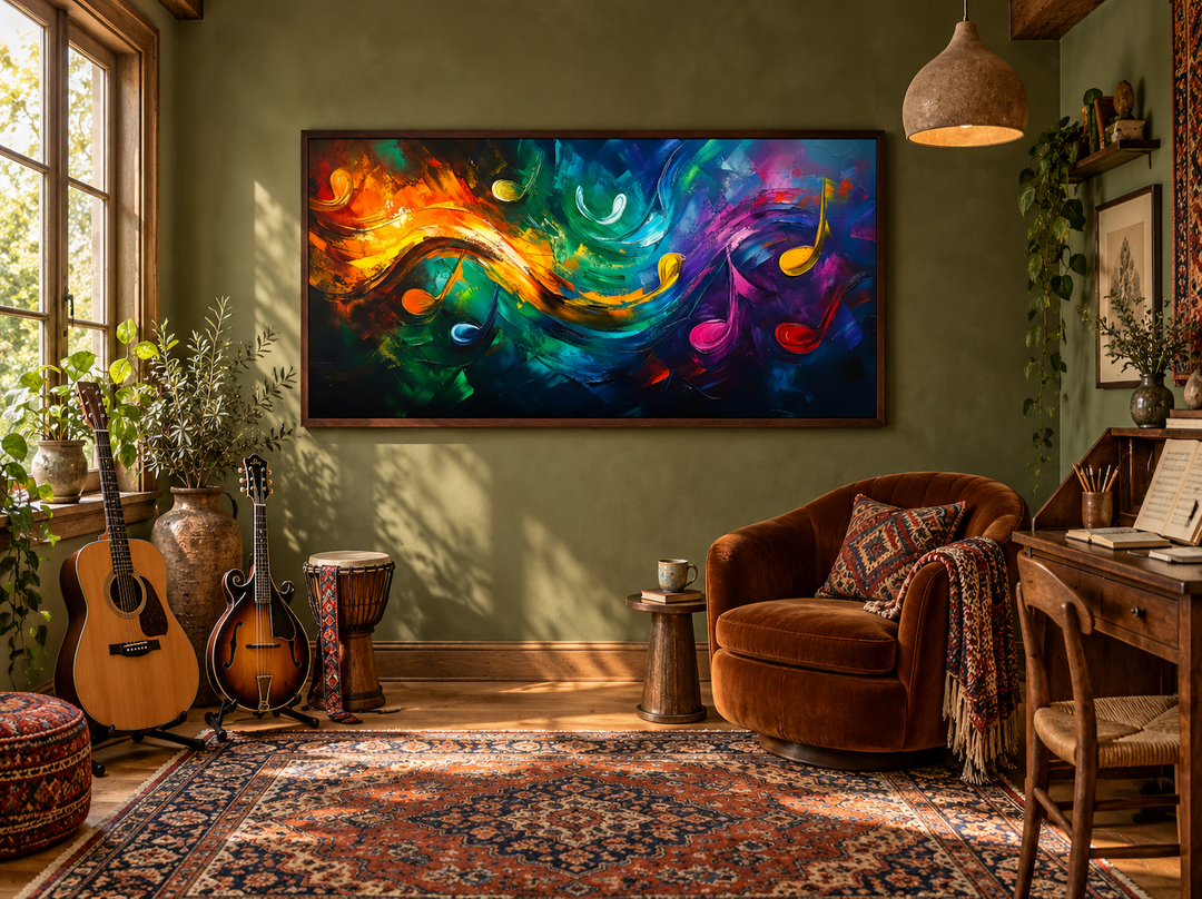 Modern abstract colorful music notes canvas wall art in a cozy music room setting.