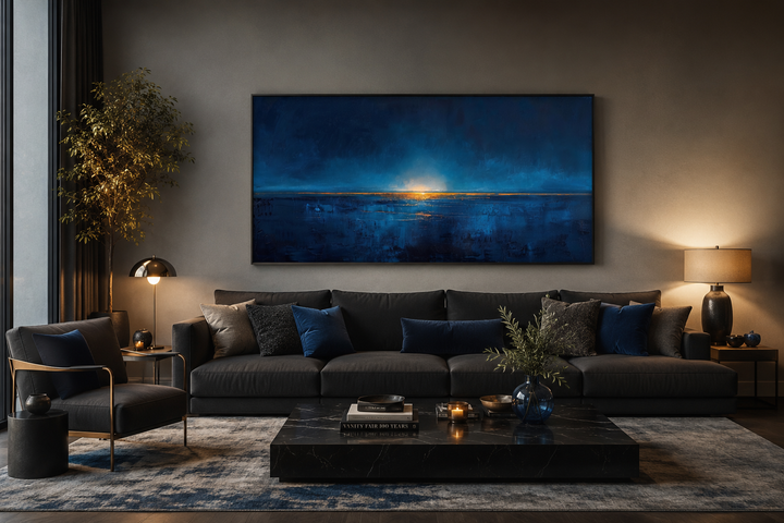 Large framed abstract navy blue and gold ocean painting above a dark sofa in a modern living room.