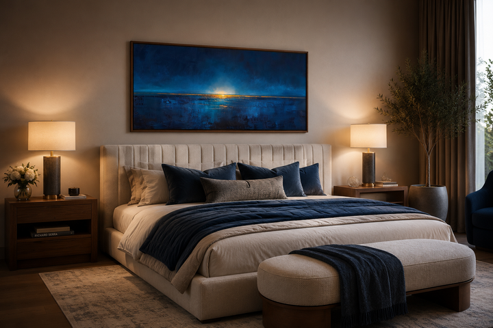 Abstract navy blue and gold ocean painting in a brown frame above a modern upholstered bed.