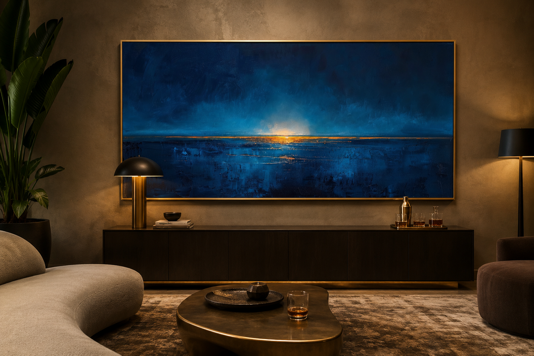 Large framed abstract navy blue and gold ocean painting hanging above a dark wood sideboard.