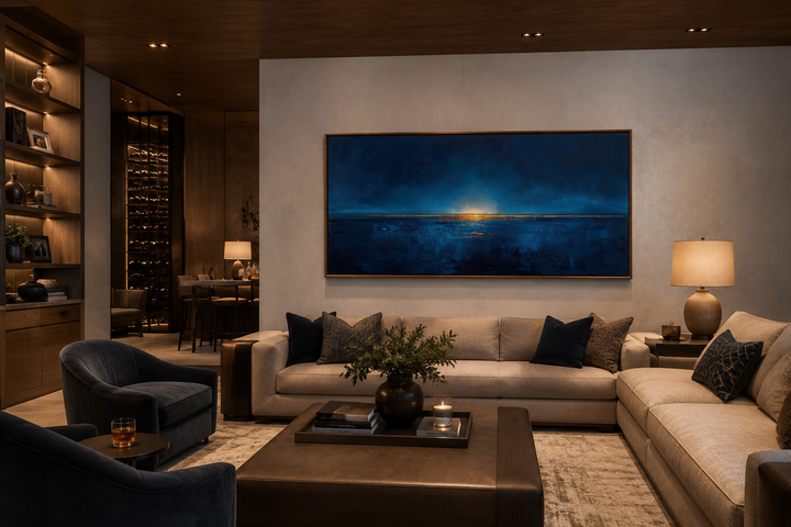 Abstract navy blue and gold ocean horizon painting on canvas in a modern living room.
